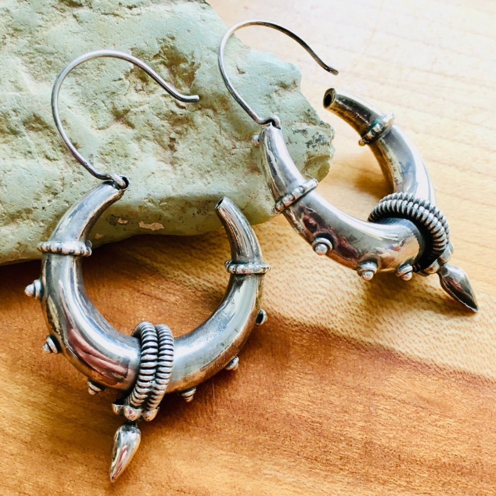 Authentic Tibetan Sterling Silver Decorated Hoop Earrings Vintage